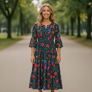 NWT Leota Sariah 3/4 Sleeve Floral Cotton Poplin Maxi Dress Spring Summer